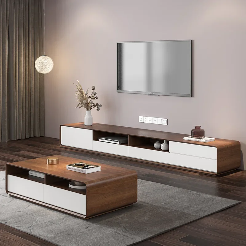 TV Cabinet Coffee Table Combination Scandinavian Set Modern Living Room Floor Cabinet Small Household Walnut New