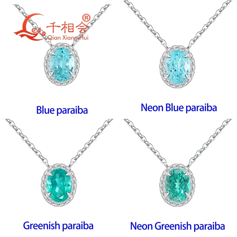 6x8mm 8x10mm oval S925 Sterling Silver YAG Created Neon Blue/Green Paraiba with Moissanite Halo Pendant Necklace Jewelry Women view 3