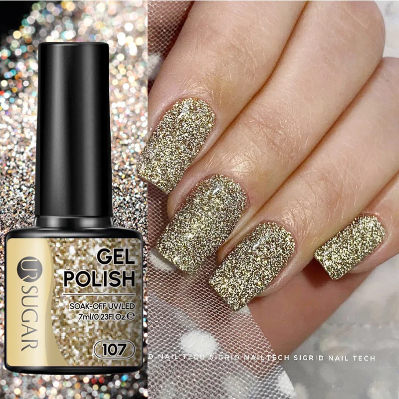 UR SUGAR 7ml Champagne Gold Sequins Gel Nail Polish Bright Sparkling Glitter French Semi Permanent Nail Painting UV Gel - Lakier Hybrydowy do Paznokci z Brokatem w Odcieniu Szampańskiego Złota, Błyszczący, Efekt Francuskiego Manicure, Półtrwały, Lakier UV