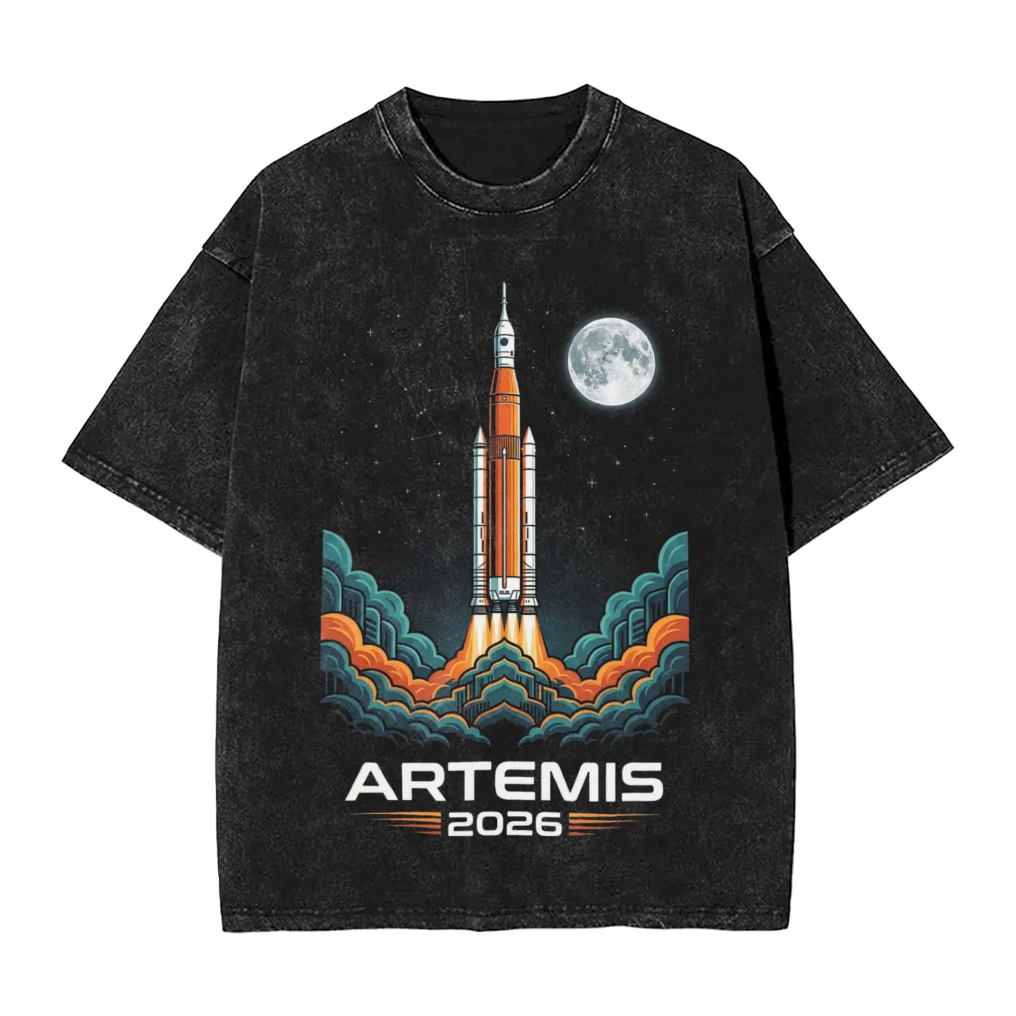 Artemis II  Rocket Launch Mission To The Moon Artemis Men's T Shirts Washed Tee Shirt Short Sleeve O Neck T-Shirts Cotton