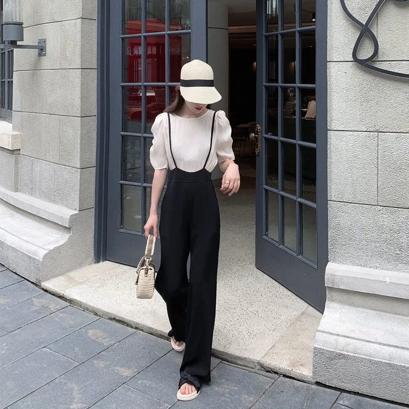 2023 Women Y2k Casual Fashion High Waist Wide-leg Straps Straight Jumpsuits Elegant OL Overalls Loose Suspenders Pants Trousers