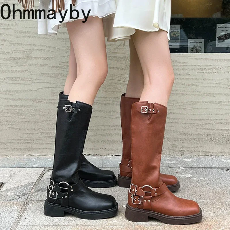 Woman Western Cowgirl Boot Fashion Back Zippers Long Booties Autumn Winter Suqare Low Heel Girl Shoes