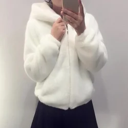 Coelho imitação de pele inverno macio vison casaco de pele do falso quente pele artificial com capuz oversized 2023 moda feminina branco preto jaqueta