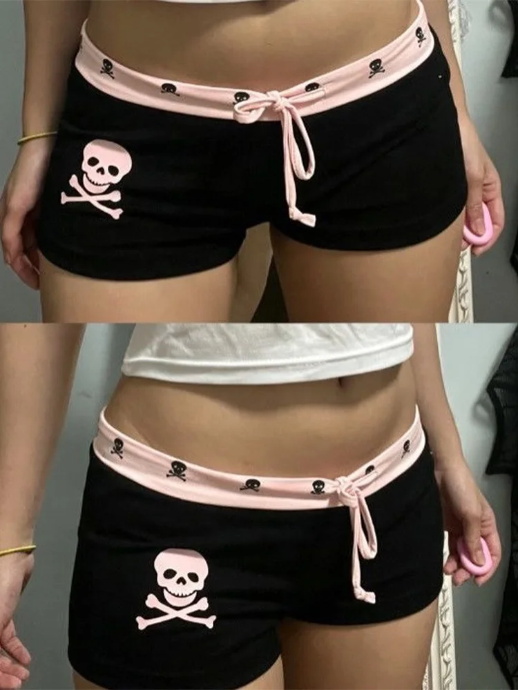 Sommer Damen Y2K Gothic Grunge Streetwear Rosa Totenkopf-Print Kontrast-Bund Niedriger Bund Kordelzug Elastische Schlanke Mini Booty Shorts – Detail 4