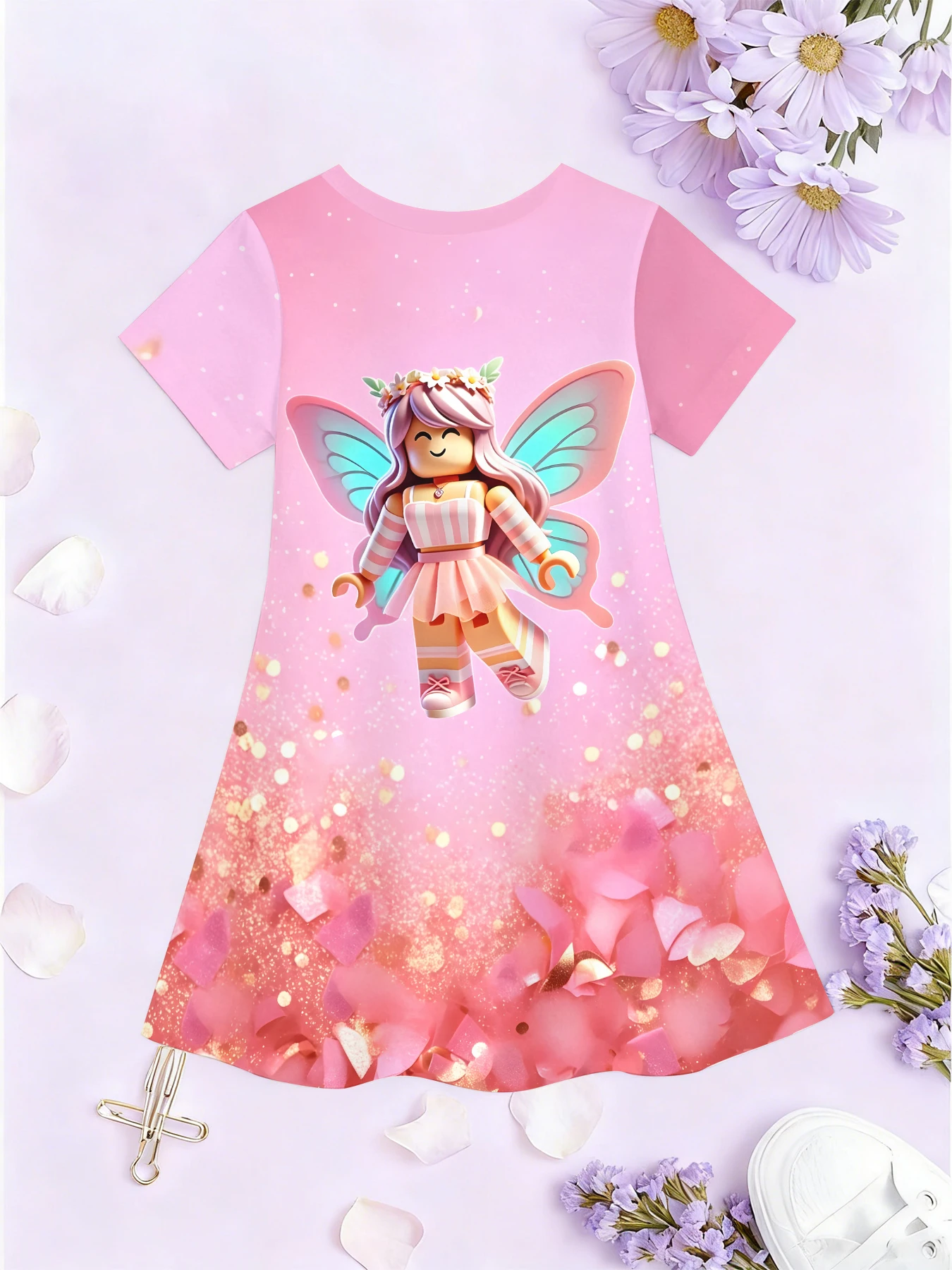 Mädchen-Kleid mit 3D-Motiv, Rundhalsausschnitt und A-Linien-Schnitt, Anime-Mädchen-Mecha-Design, rosa Farbblock-Print, ideal für Partys und als Geburtstagsgeschenk. – Detail 3