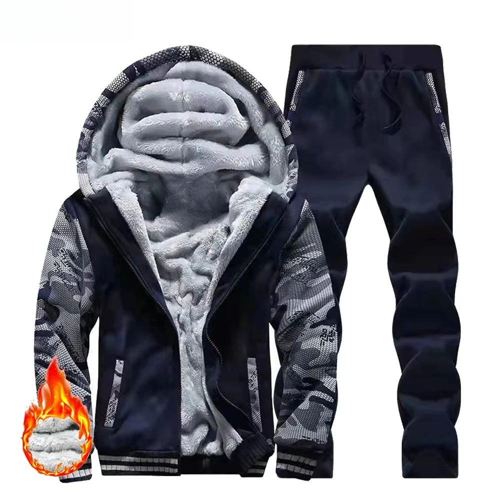 New Winter Fleece Thicken Men's Two-piece Zipper Sports Set Hooded Thermal Suit Casual Oversized Tracksuit 4XL  Funny Suit