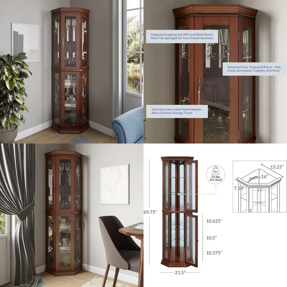 خزانة تحف زاوية خشبية مضيئة مع أرفف من طبقتين وباب من الزجاج المقسى لتخزين البار والمشروبات الخمور #1