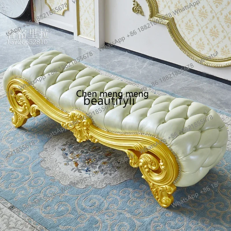 

B178 European leather bedside stool American villa solid wood carving flower master bedroom, bedside sofa gold bench2936