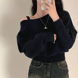 Korean Women's Off Shoulder Strap Knitwear Sweater New Design Diagonal Shoulder Short Top Elegant Sexy Bat Sleeve Sweater свитер