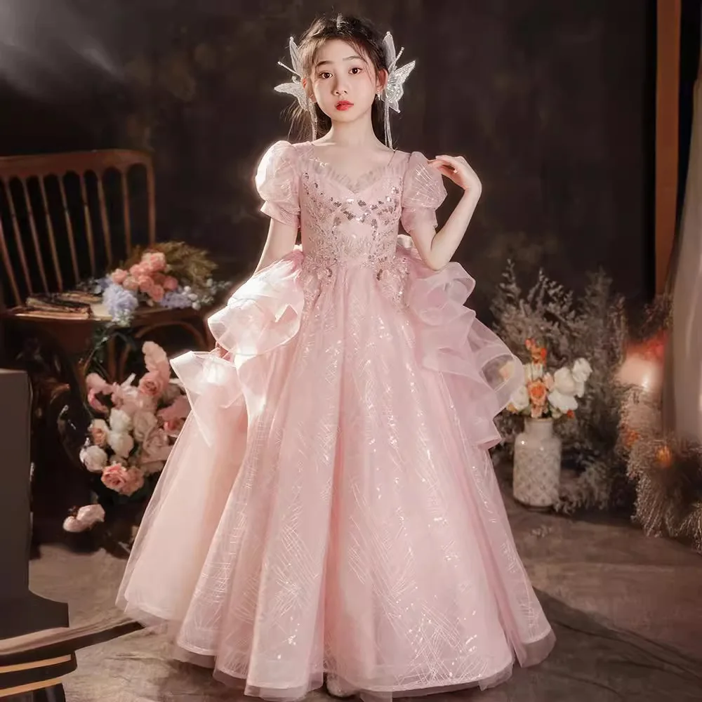 2025 New Fashion Pink Dresses Children's Day Host Formal Costumes Elegant Girls Birthday Banquet High-end Princess Dress