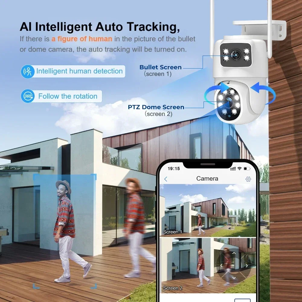 듀얼 렌즈 PTZ 보안 카메라 실외 2MP+2MP AI 인체 감지 자동 추적 무선 WiFi IP 카메라 양방향 오디오 CamHipro 앱