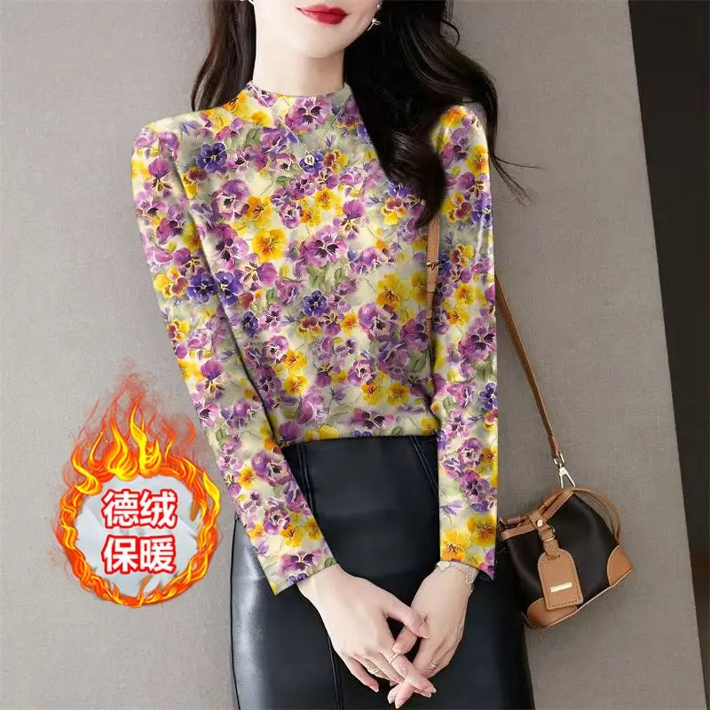 Halfhoge kraag Fleece dik dieptepunt Shirt Dames Herfst Winter Trend Afdrukken T-shirt met lange mouwen Casual All-match warme tops