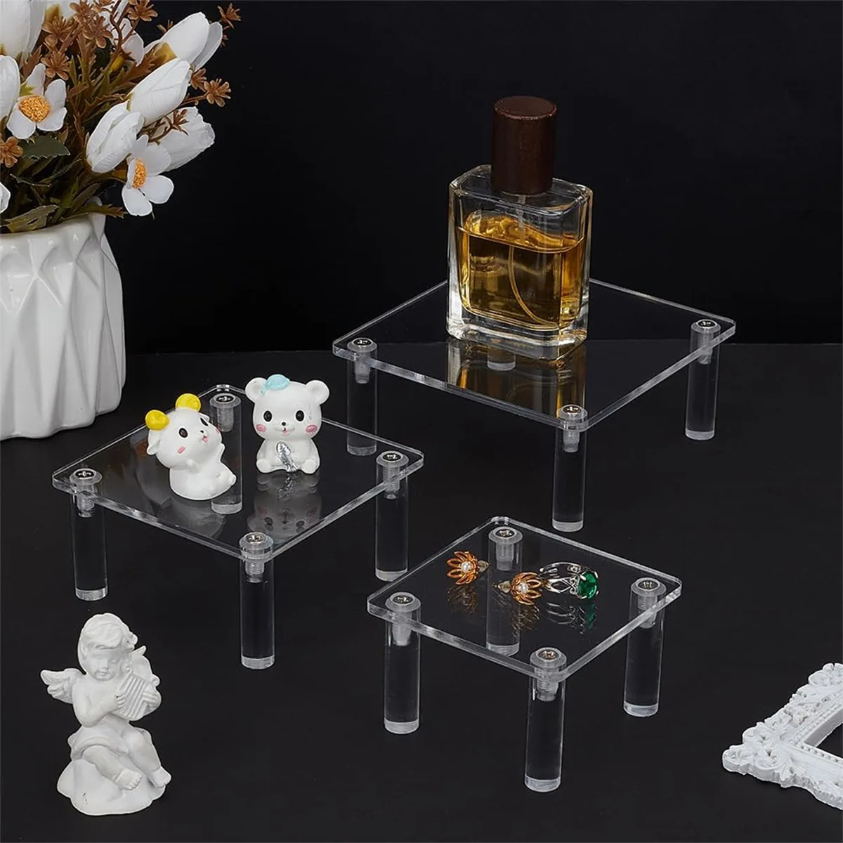 7 Heights Single-Layer Transparent Acrylic Display Stand, Supermarket Product Display Shelf, Desktop Storage Rack, Toy Holder
