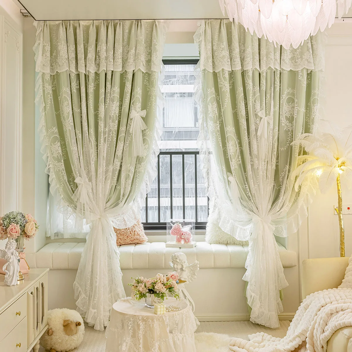 2025 New Double-layer Curtains for Living Room Integrated High-shading Lace Blackout Cloth Yarn Integrated Thickened Bedroom