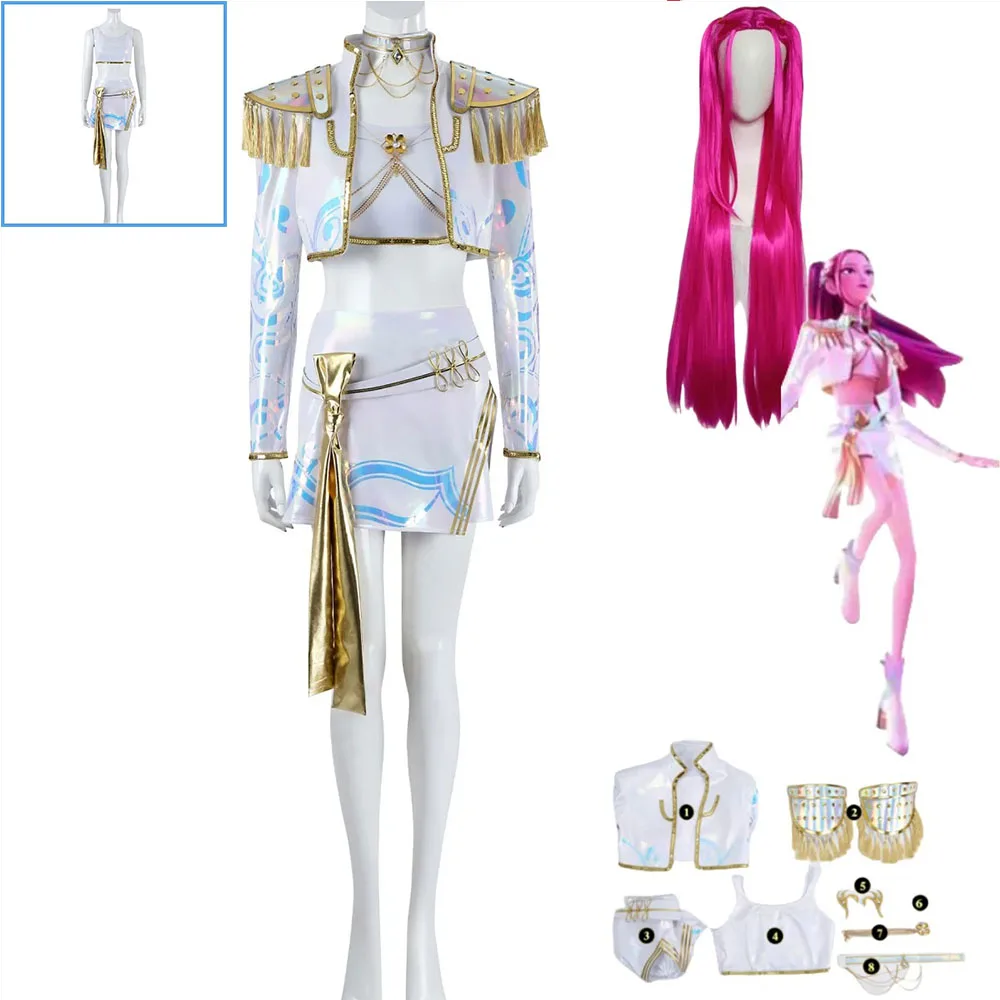 

Фильмы Охотники на демонов Мира Косплей Костюм K-Pop HUNTR/X Парики Белая униформа из искусственной кожи Женский сексуальный карнавальный костюм на Хэллоуин