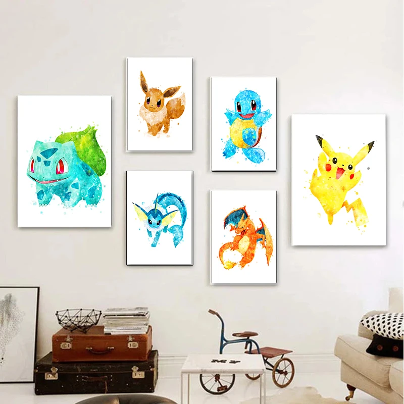 Pokemon Watercolor Canvas Painting Pikachu Charizard Bulbasaur Poster Home Dorm Wall Art Decoration Children Gift Mural Cuadros