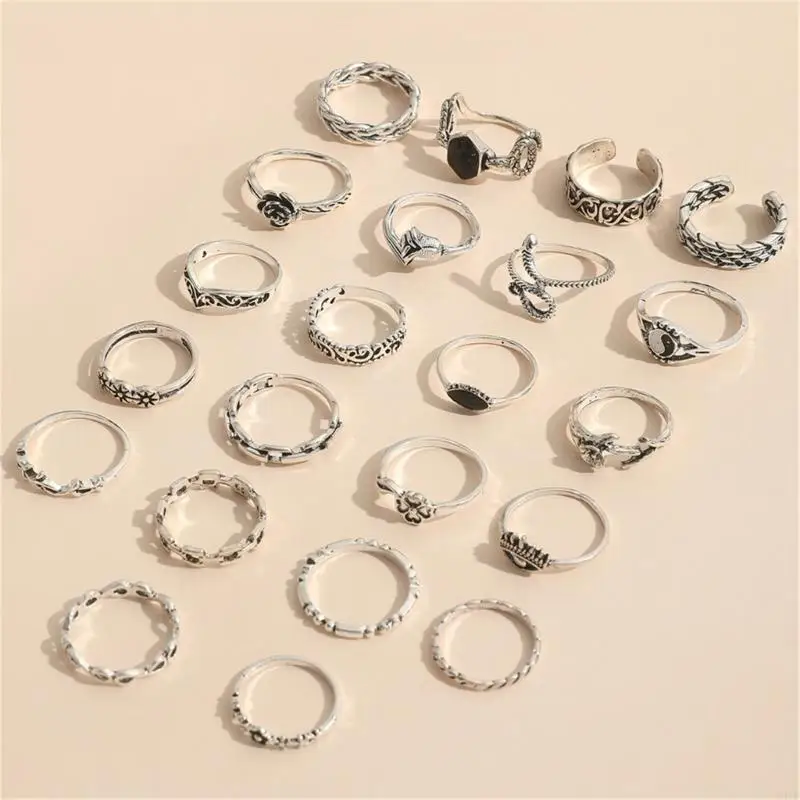 U4LF 22 Pieces Antique Styles Rings with Floral Embossing and Snake TaiJi Yin-yang Designs Accessory for Daily Wear