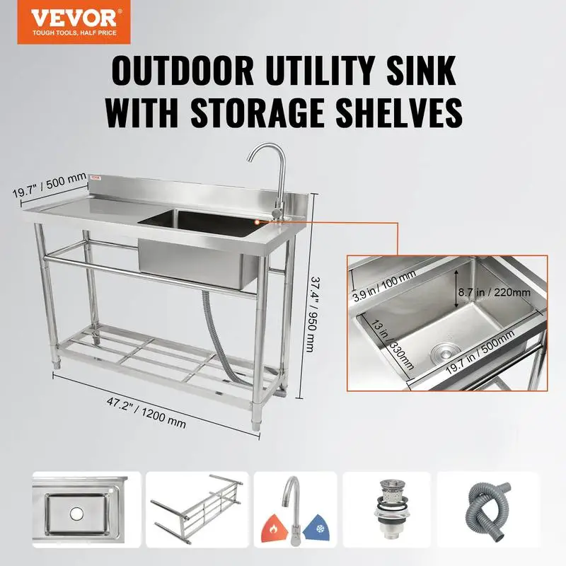 VEVOR Stainless Steel Utility Sink, Small Sink w/Workbench Faucet & legs, 47.2 x 19.7 x 37.4 in Commercial Single Bowl Sinks