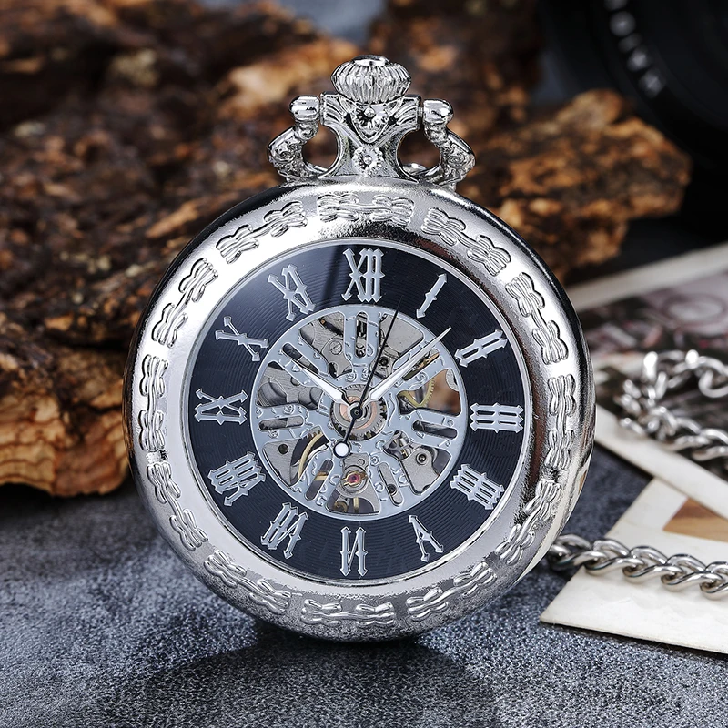 Reloj de bolsillo mecánico Steampunk para hombre y mujer, pulsera de mano con diseño de esqueleto dorado Vintage, números romanos, con cadena,