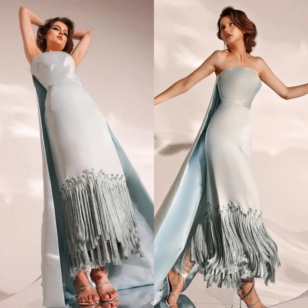 

High Quality Strapless A-line Evening Dresses Anke Length Vertically Formal Ocassion Gown Satin vestidos para mujer gala