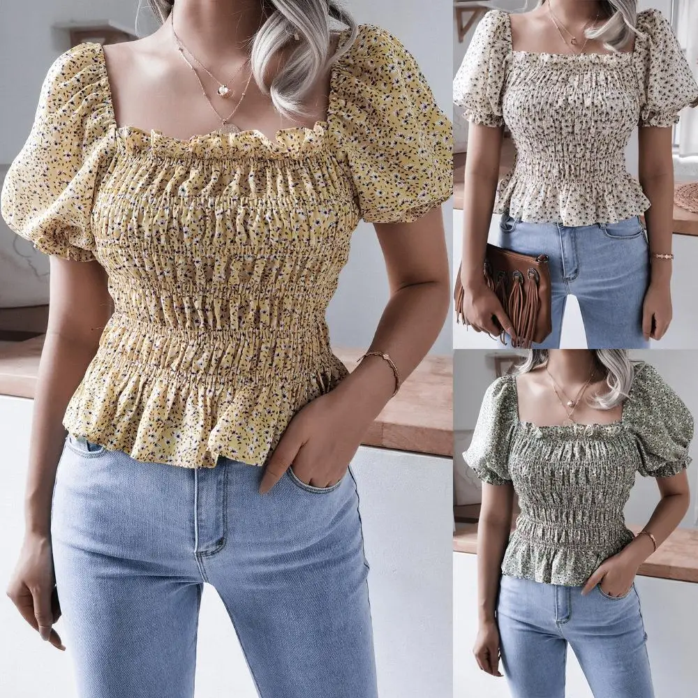 

Summer Floral Print Chiffon Top Square Collar Lantern Sve Women's Cross-Border Faion Long Sve Autumn Wear