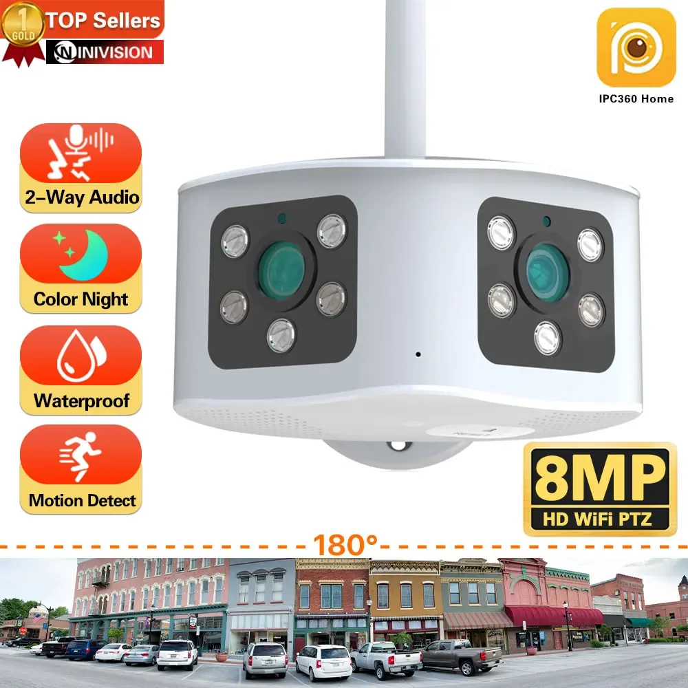 

8MP 4K 180° Ultra Wide View Angle Panoramic WIFI Dual Lens 4MP IP Camera Outdoor Color Motion Detection Home Security Camera