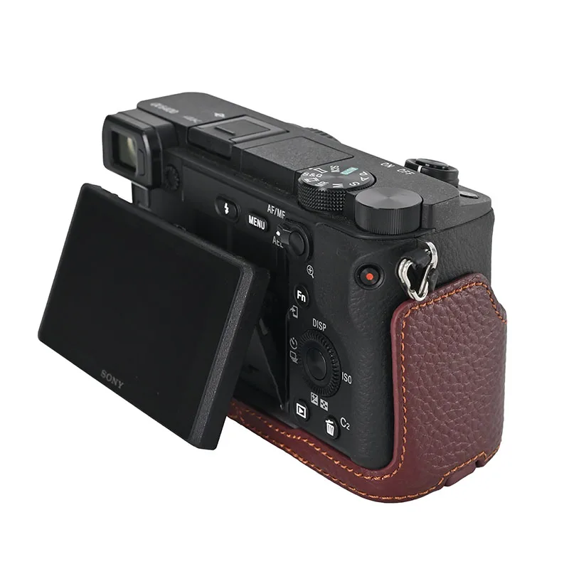 Handmade Genuine Real Leather Half Camera Case Bag Cover for Sony Alpha A6400 Bottom Opening Version with Hand Shoulder Strap