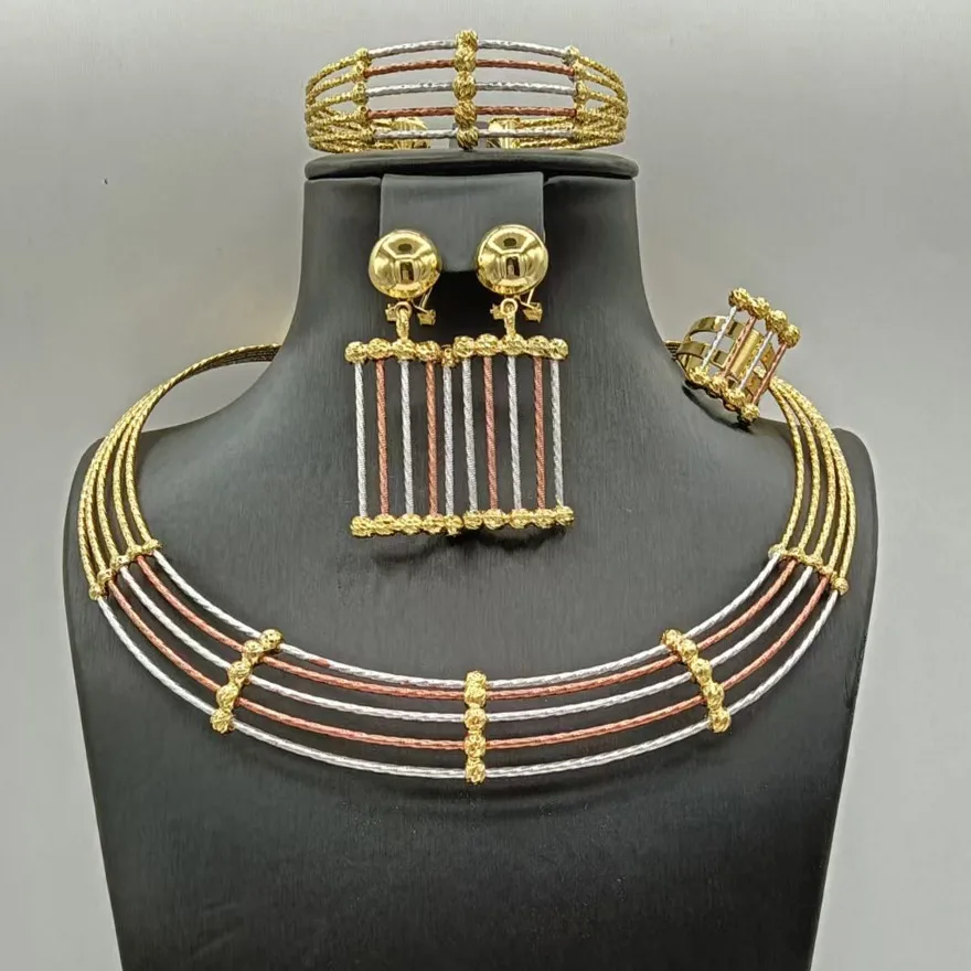 New Dubai 24K Gold Plated 4PCS Jewelry Set Multi-layer Choker Necklace Earrings Bracelet Ring African Bridal Wedding Gift