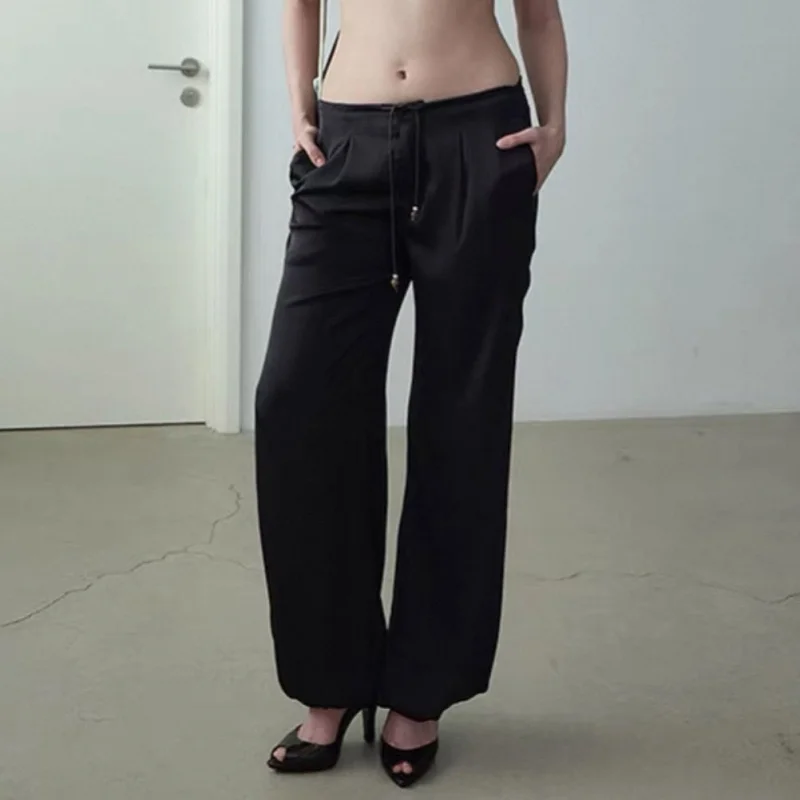 

Fall 2025 Women's Y2K Belted Flared Pants High-Quality Lightweight Satin Cuffed Casual Fashionable Versatile Loose Fit Trousers