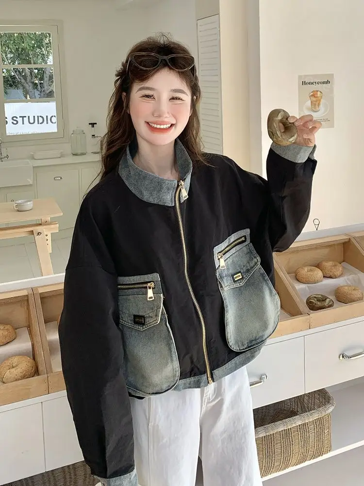 

Women'S Spring Autumn Jackets 2025 Velvet Outcoat Popular Plaid Purple Handfeel Zippered Splicing Gothic College Sweet Dark