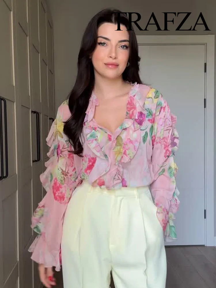 

TRAFZA Woman Loose Lace-up Printed Laminated Decoration Shirts Top 2025 Summer Women Chic Lotus Leaf Long Sleeves Blouses