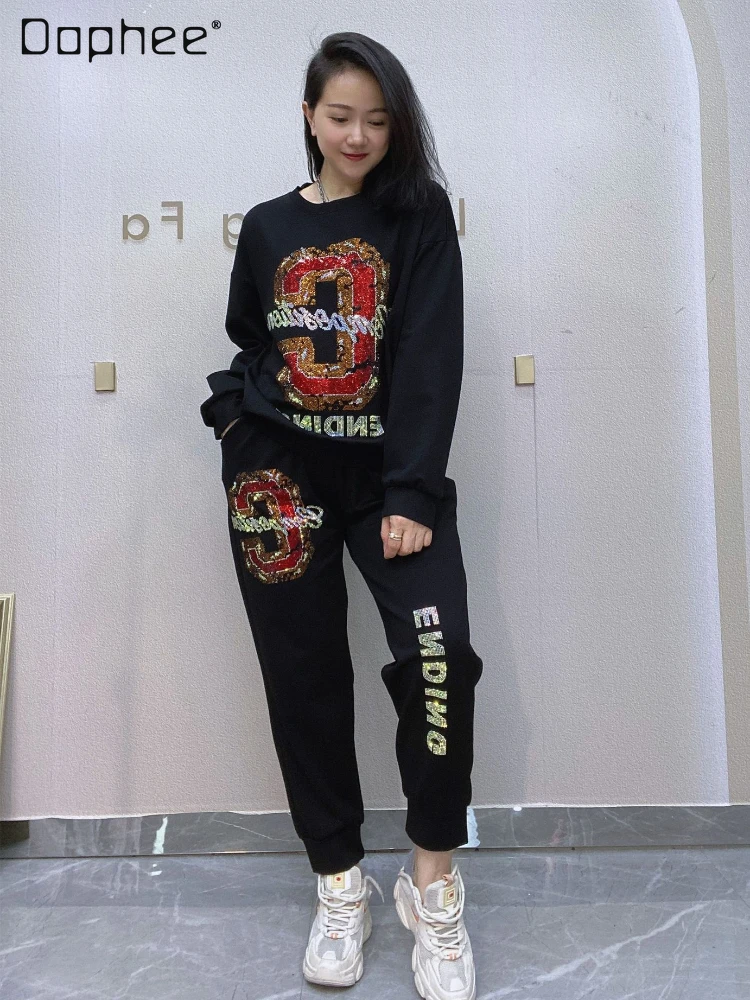 Women's Casual Pant Sets 2023 Spring Autumn Letters Hot Drilling Pullover Long Sleeve Sweatshirts Loose Trousers Two-Piece Sets