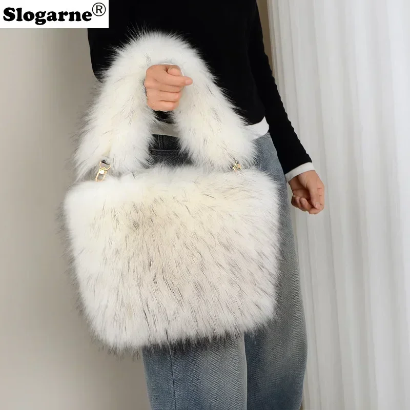 Colorful Raccoon Fur Bags Women New Faux Fur Handbag Girls Cute Tote Bags 2025 Winter Warm Soft Fluffy Top Handle Shoulder Bags