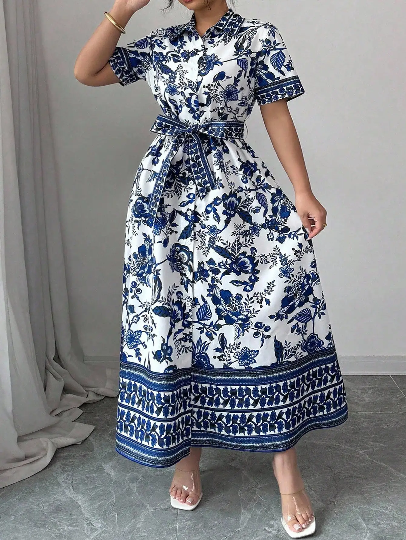 

Blue And White Floral Print Short Sleeve Shirt Dress A-Line Cinched Waist Elegant For Work Casual Spring Summer