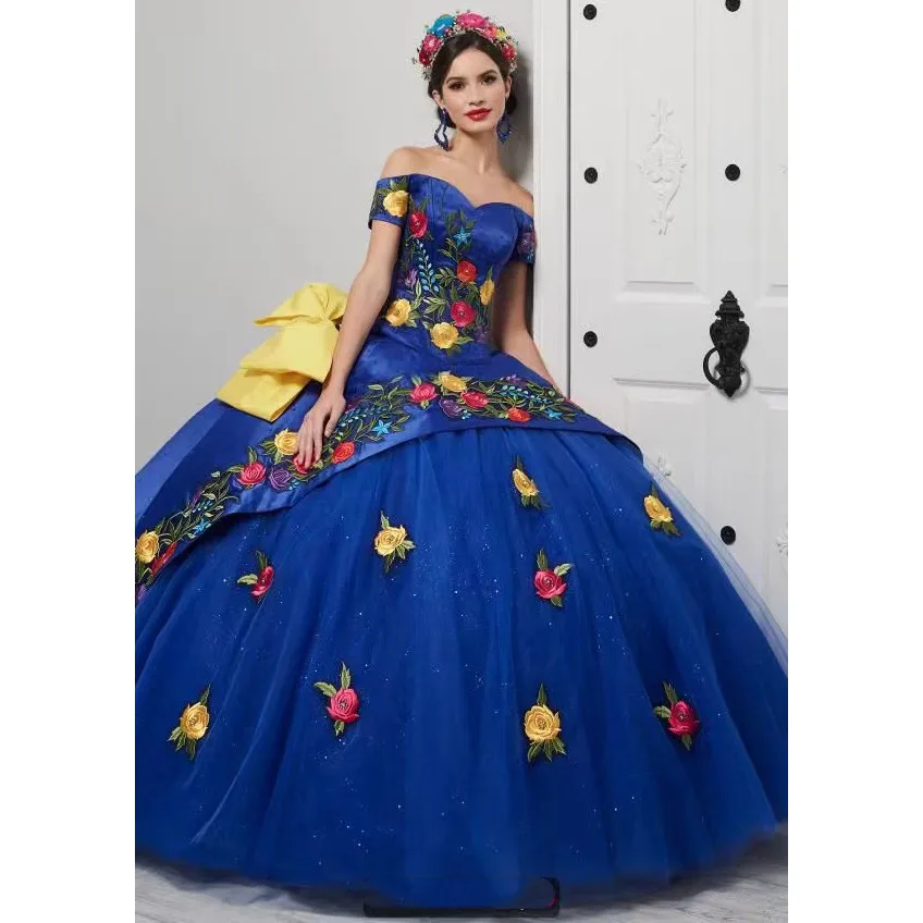 Vestidos de quinceañera azul real para Fiesta Mexicana, apliques de satén dulce de 16, vestido de princesa con hombros descubiertos, vestido de fiesta de cumpleaños y graduación