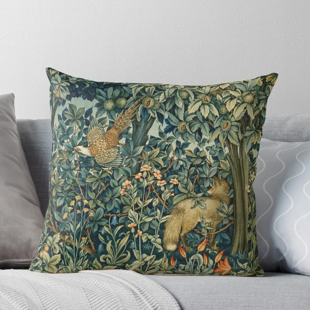 

GREENERY, FOREST ANIMALS Pheasant and Fox Blue Green Floral Tapestry Throw Pillow Sofa Cushions Cover christmas supplies