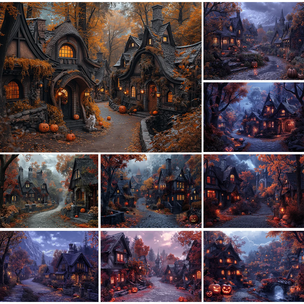 

Halloween Photo Background Haunted Village with Cobblestone Streets Pumpki Photography Backdrop Kids Birthday Photo Studio Props