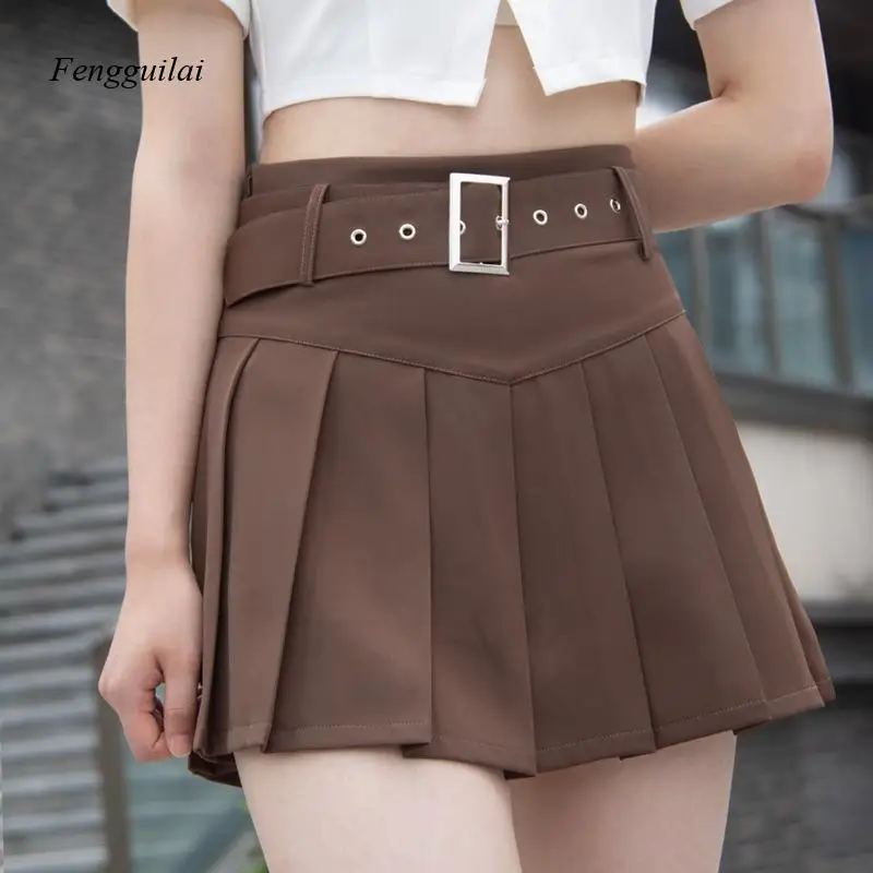 Y2K Aesthetic High Waist Pleated Skirt Women's Belted Brown Mini Skirt Preppy Casual Streetwear