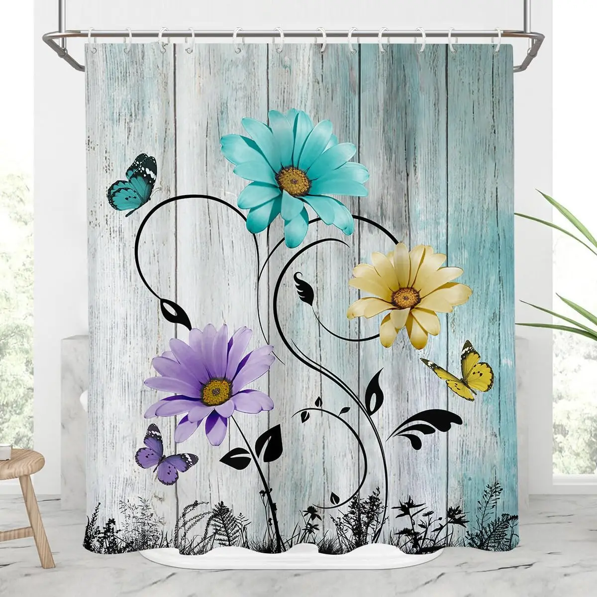Colorful Floral Shower Curtain Rustic Flower Country Farmhouse Retro Vintage Spring Summer Boho Girls Women Teal Daisy Butterfly
