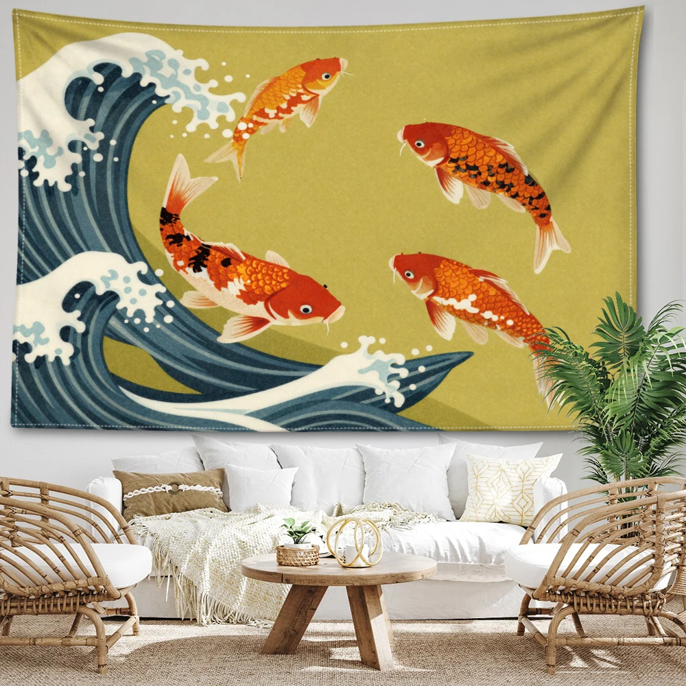 Turmeric Japanese Wave Koi Fish Wall Tapestry, Traditional Boho Decor