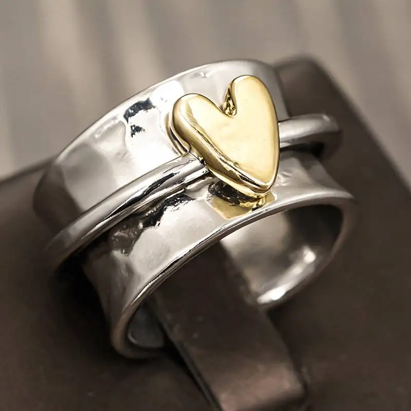 Huitan Schlichtes Design für Damen, goldfarben, Herz-Ring, zweifarbig, Metall, Party, Hochzeit, Accessoires, modischer, vielseitiger Schmuck für den Alltag