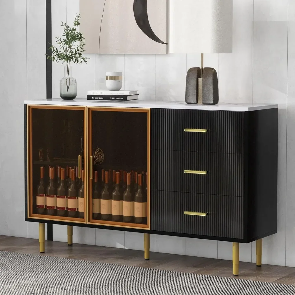 

Modern Sideboard with Tempered Glass Doors, 60" MDF Buffet Credenzas Kitchen Storage Cabinet w/Gold Metal Legs & Handles