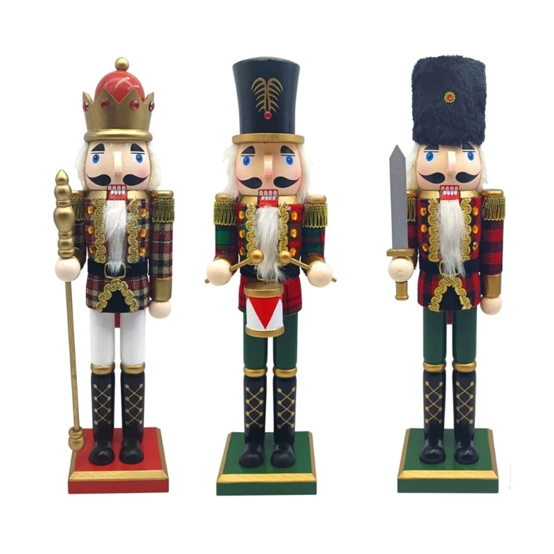 

Wood Checkered Nutcrackers Soldier King Figurine Ornament 38cm with Tambourine Holiday Festivals Decorative Figure Toy