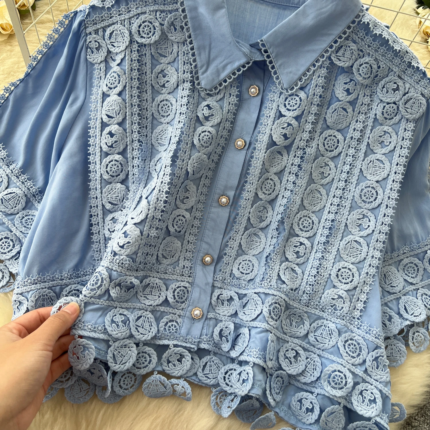 ALPHALMODA 2025, Frans, retro tweedelige set, dames los, holle haak, kant gesplitst, top met korte mouwen, rok met hoge taille