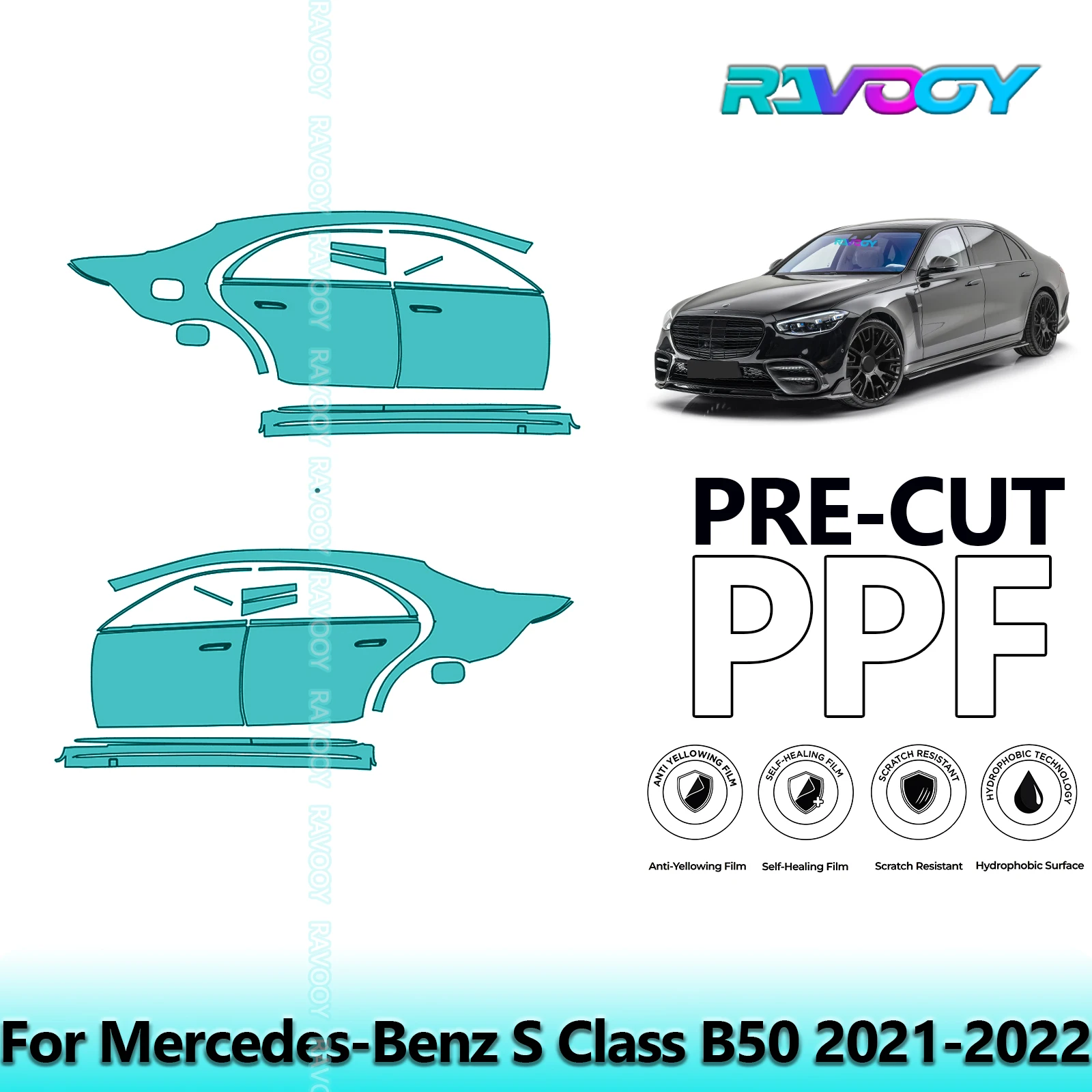 

For Mercedes-Benz S Class B50 2021-2022 8.5mil Clear Matte Pre-Cut PPF Door & A/B Pillar Kit TPU Paint Protection Film Set