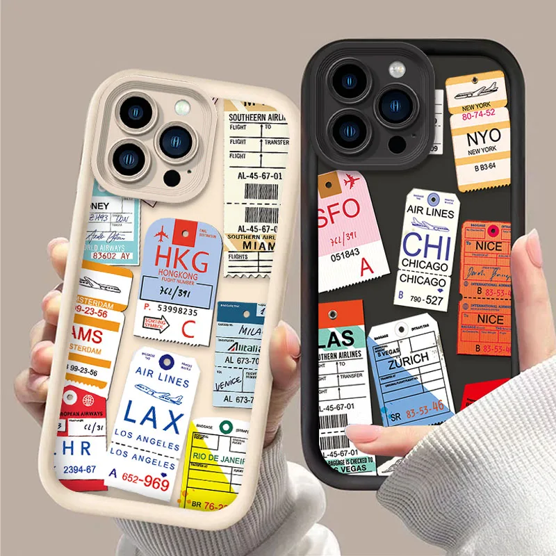 Phone Case For iPhone 15 16 14 13 12 11 Pro Max X XS X S Max XR SE 2020 7 8 Plus Airplane Ticket Label Soft Silicone Back Cover