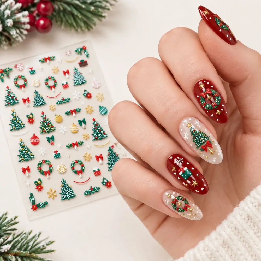 1Pc Cozy Cabin Nail Stickers Warm Comfort Hot Cocoa Sock Bow 5D Embossed for Winter Home Relaxing Christmas Manicure Art Decor