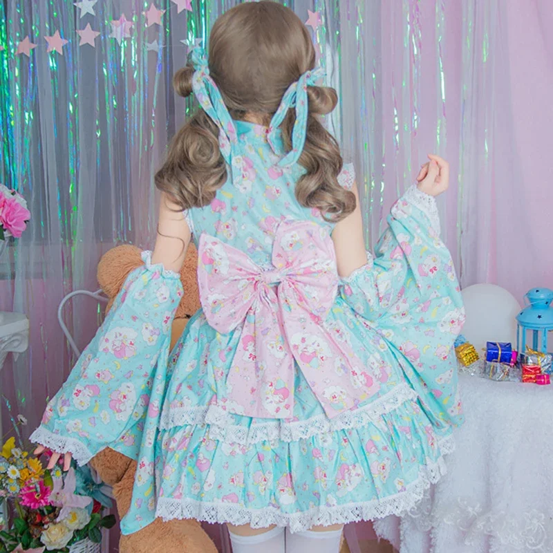 Disfraz de Lolita rosa para mujer, conjunto completo de Kimono con estampado de dibujos animados Kawaii, vestido de niña dulce para carnaval y Navidad