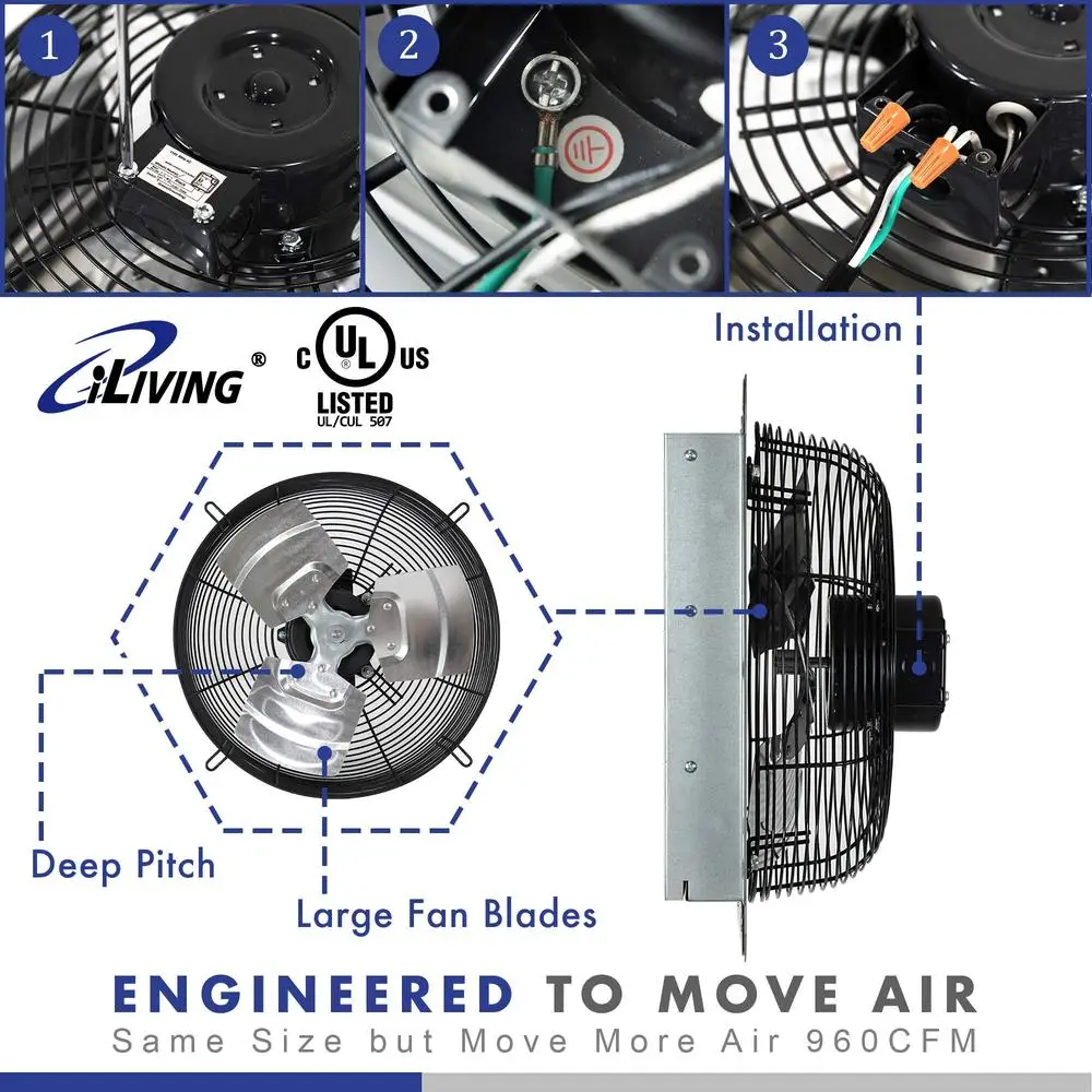 12 inch wandgemonteerde afzuigventilator met thermostaat, variabele snelheidsregeling, aluminium luiken 960 CFM, industriële kwaliteit UL-gecertificeerd 1400 m2