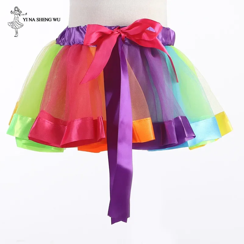 Meninas ballet dança wear festa tule tutu saia meninas dança desempenho arco-íris saia crianças equipe dança saia dancewear
